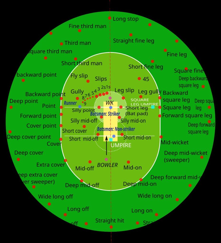 Diagram showing standard cricket fielding positions